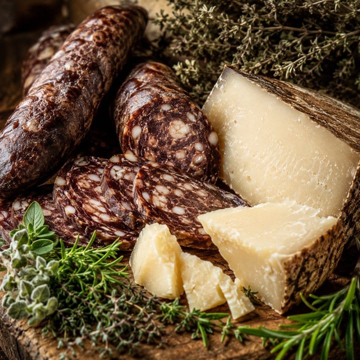 Ingrédients de la pizza U Corsica : figatelli, fromage de brebis, herbe du maquis