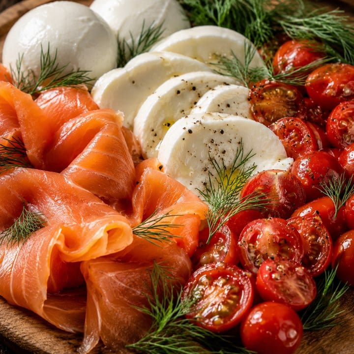 Ingrédients de la pizza Saumon : saumon fumé, tomates cerise, aneth