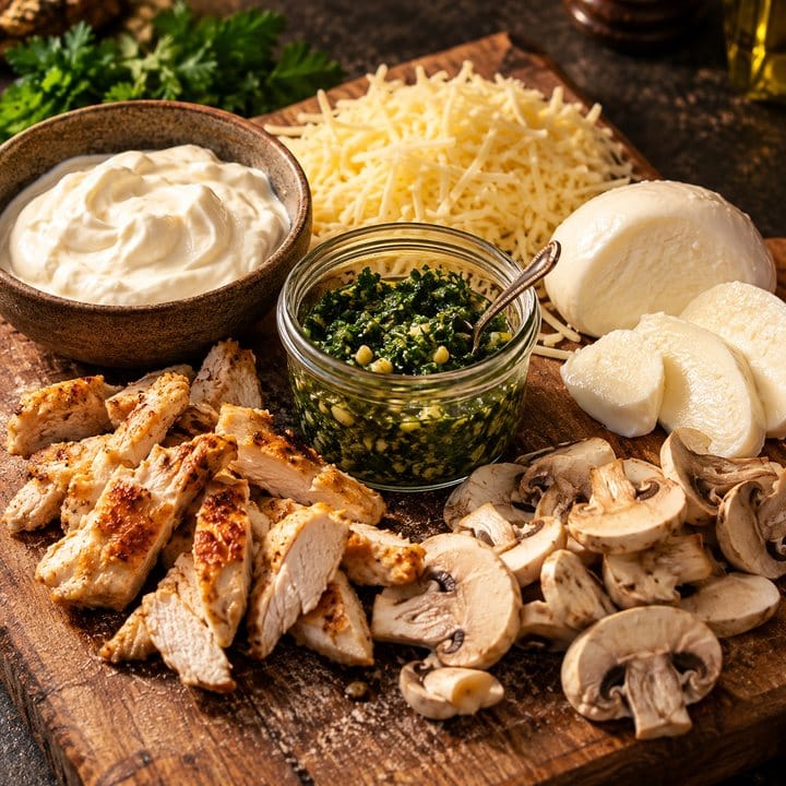 Ingrédients de la pizza Forestière : crème fraîche, poulet, champignons, persillade